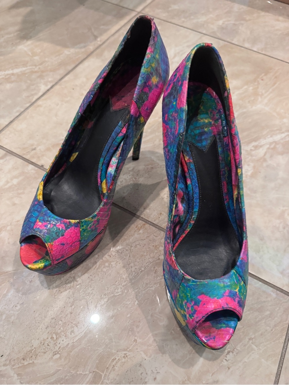 Brian Atwood Multicolor Floral Peep-Toe Platform Heels